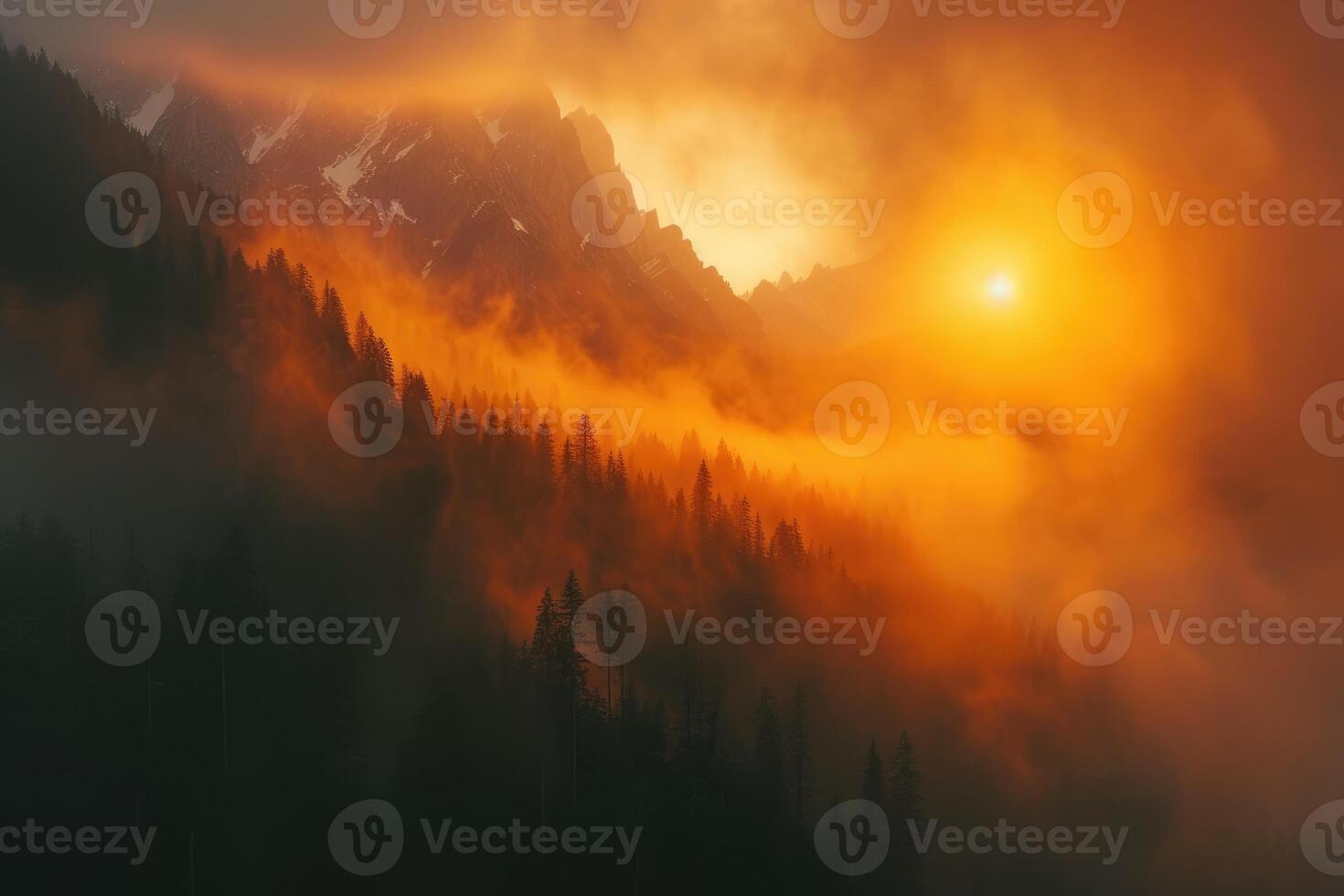 AI generated Ethereal Peaks Sunrise Unfolds in the Mountain Mist. generative ai photo