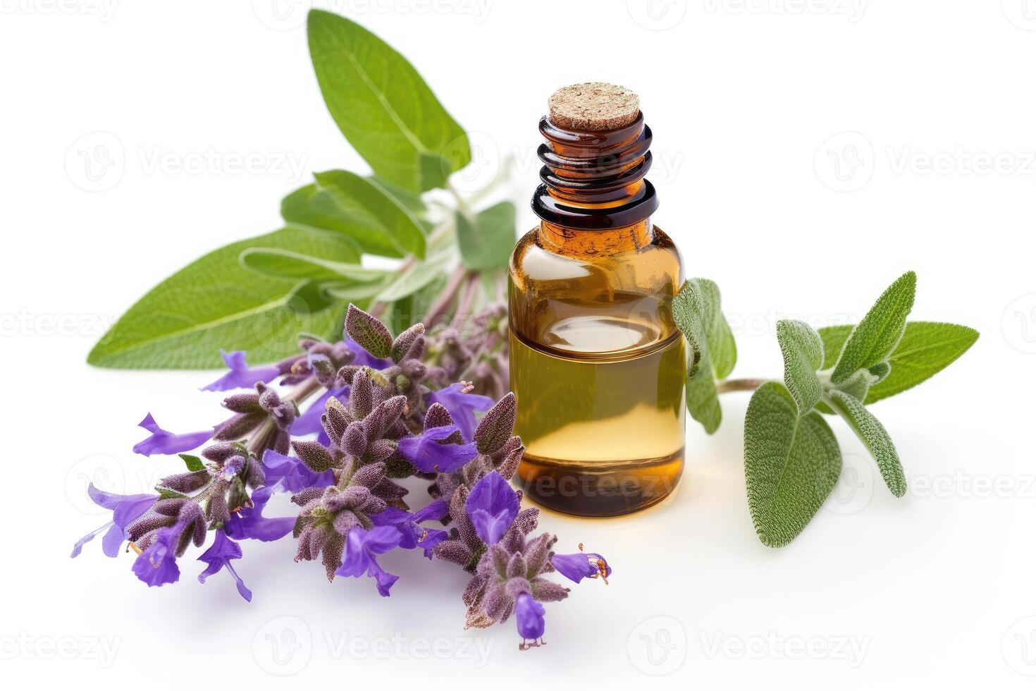 AI generated Clary sage essential oil isolated on white background. generative ai photo