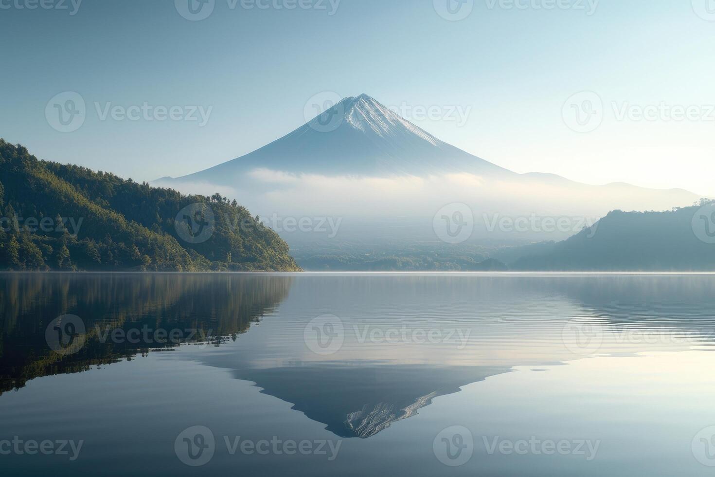 AI generated Volcanic Mountain in Morning Light Reflected in Calm Waters of Lake. generative ai photo