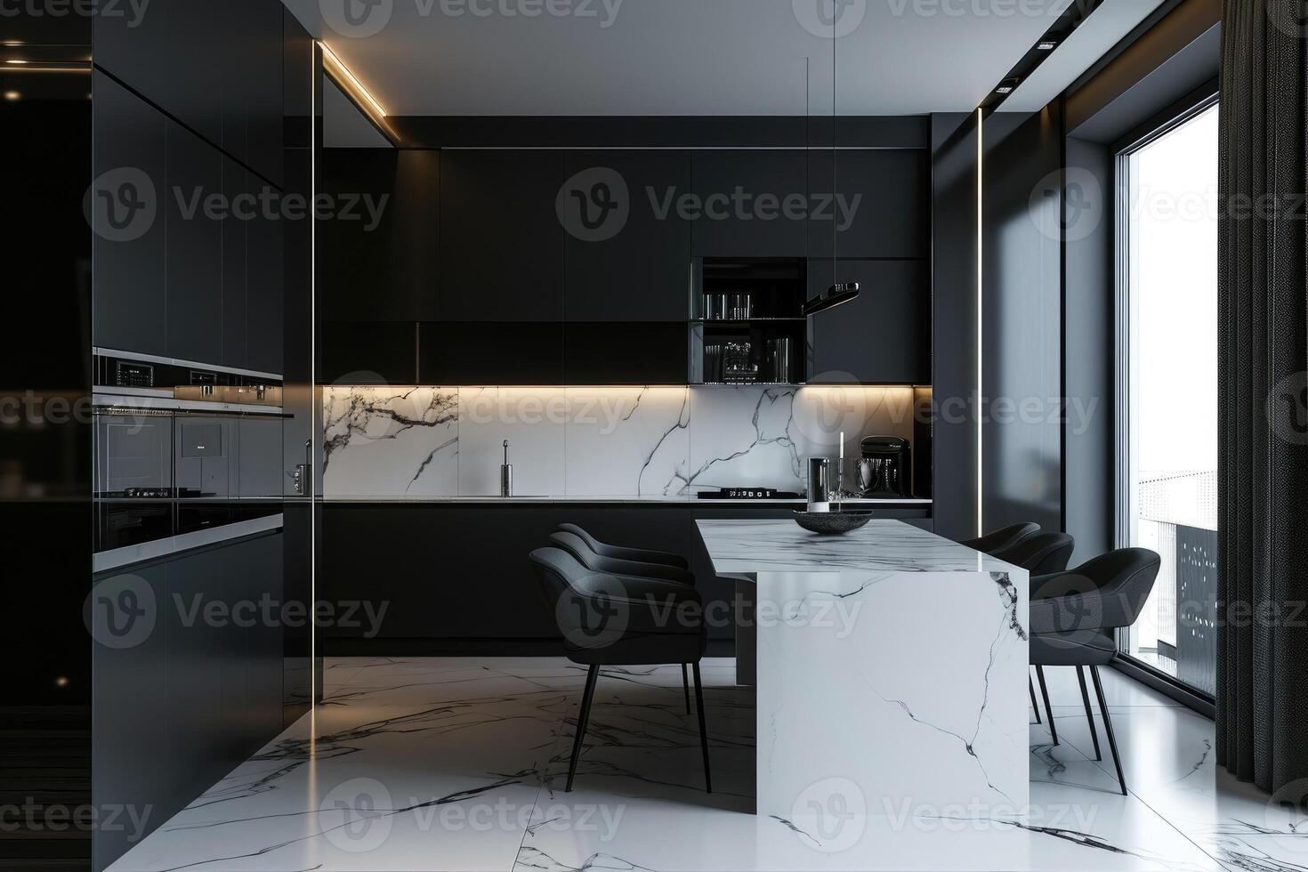 AI generated Contrasting Elegance, A Black Kitchen and White Marble Dining Table. generative ai photo