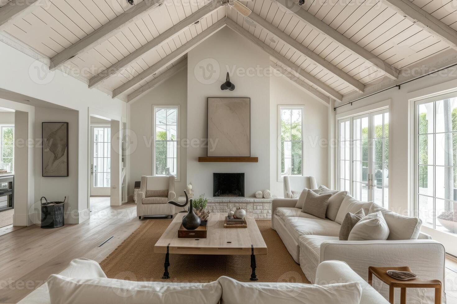 ai generado blanco moderno casa de Campo vivo habitación con abovedado techos diseño ideas generativo ai foto