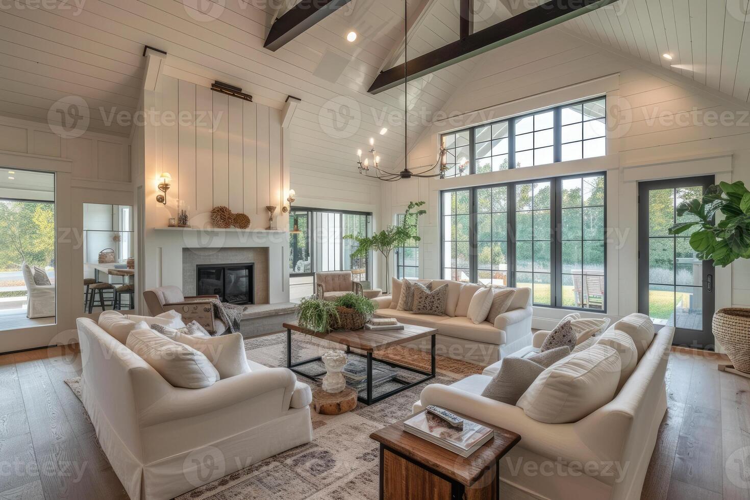 AI generated White Modern Farmhouse Living Room with Vaulted Ceilings Design Ideas. generative ai photo