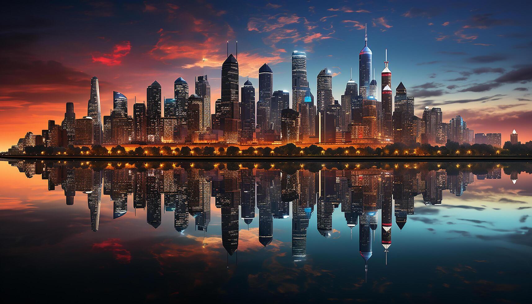 AI generated Vibrant skyline reflects modern city life in illuminated waterfront generated by AI photo