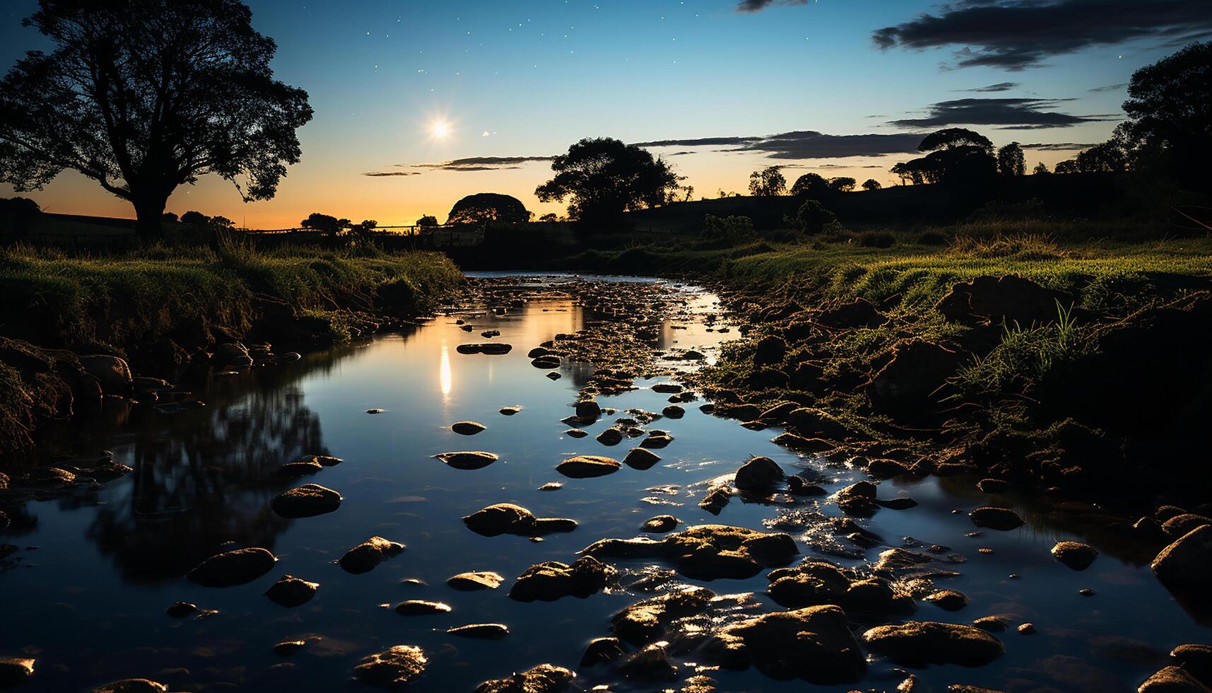 AI generated Sunset over tranquil meadow, reflecting beauty in nature twilight generated by AI photo