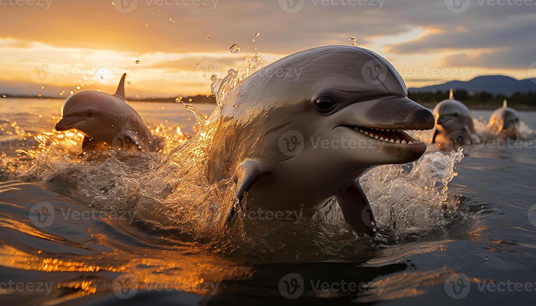 AI generated A playful dolphin jumps in the sunset, spraying happiness generated by AI photo