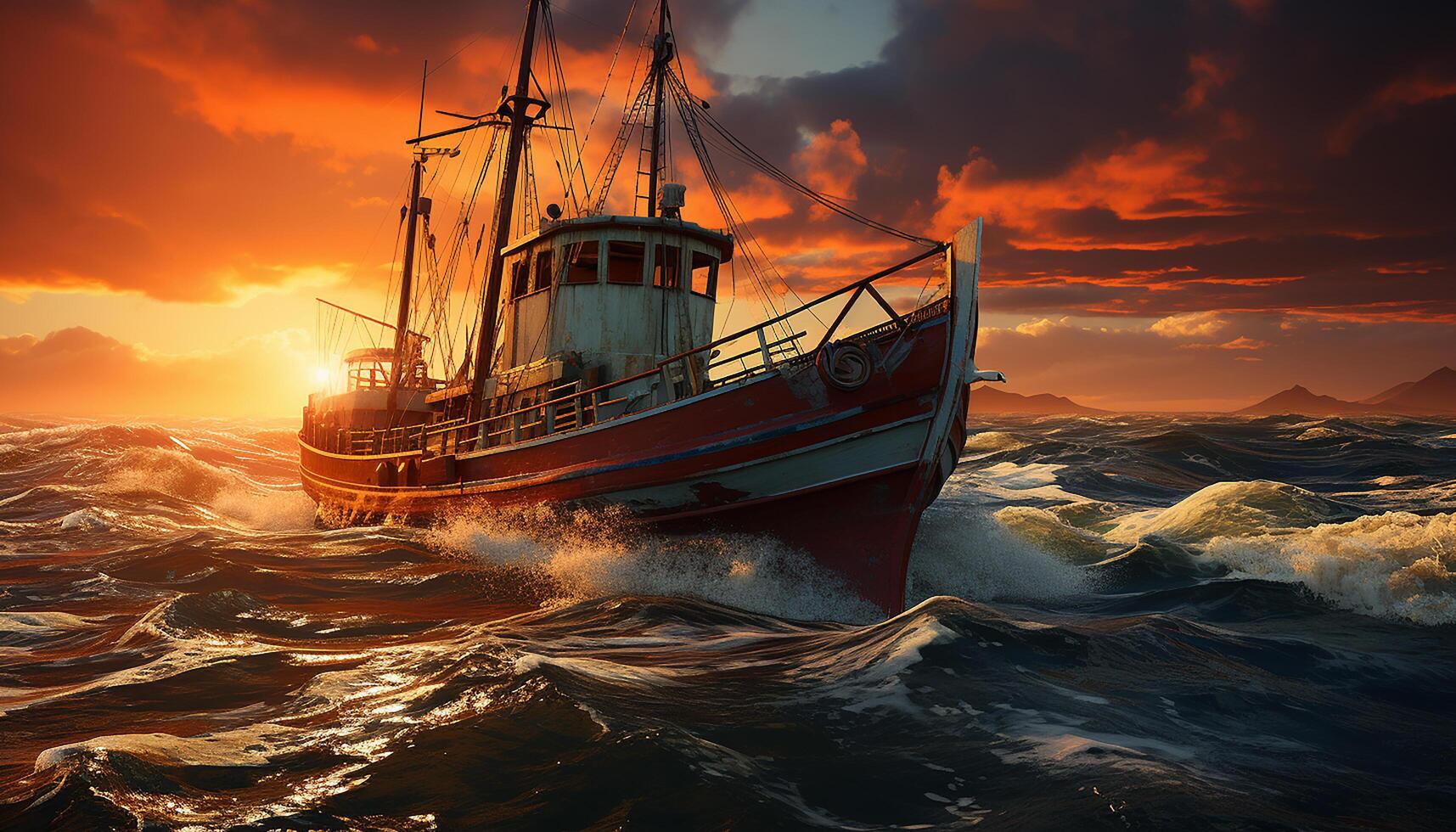 AI generated Sailing ship glides on water, sunset paints nature masterpiece generated by AI photo