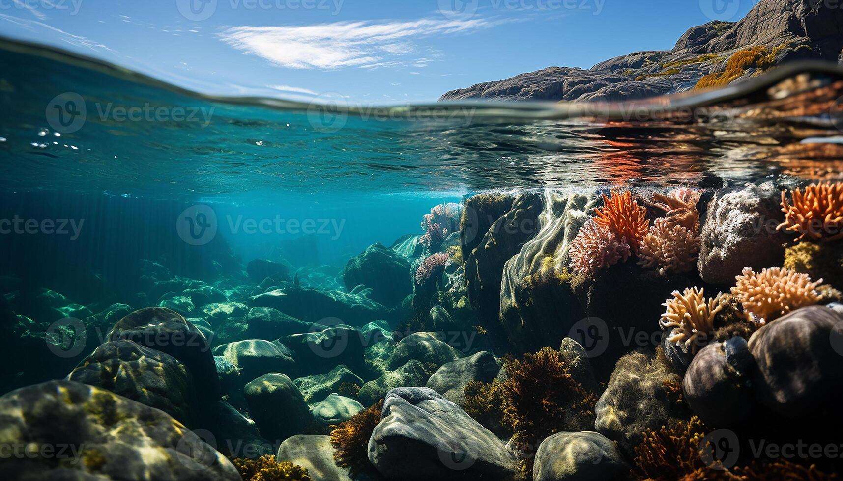 AI generated Underwater adventure fish swim below colorful coral in tropical reef generated by AI photo