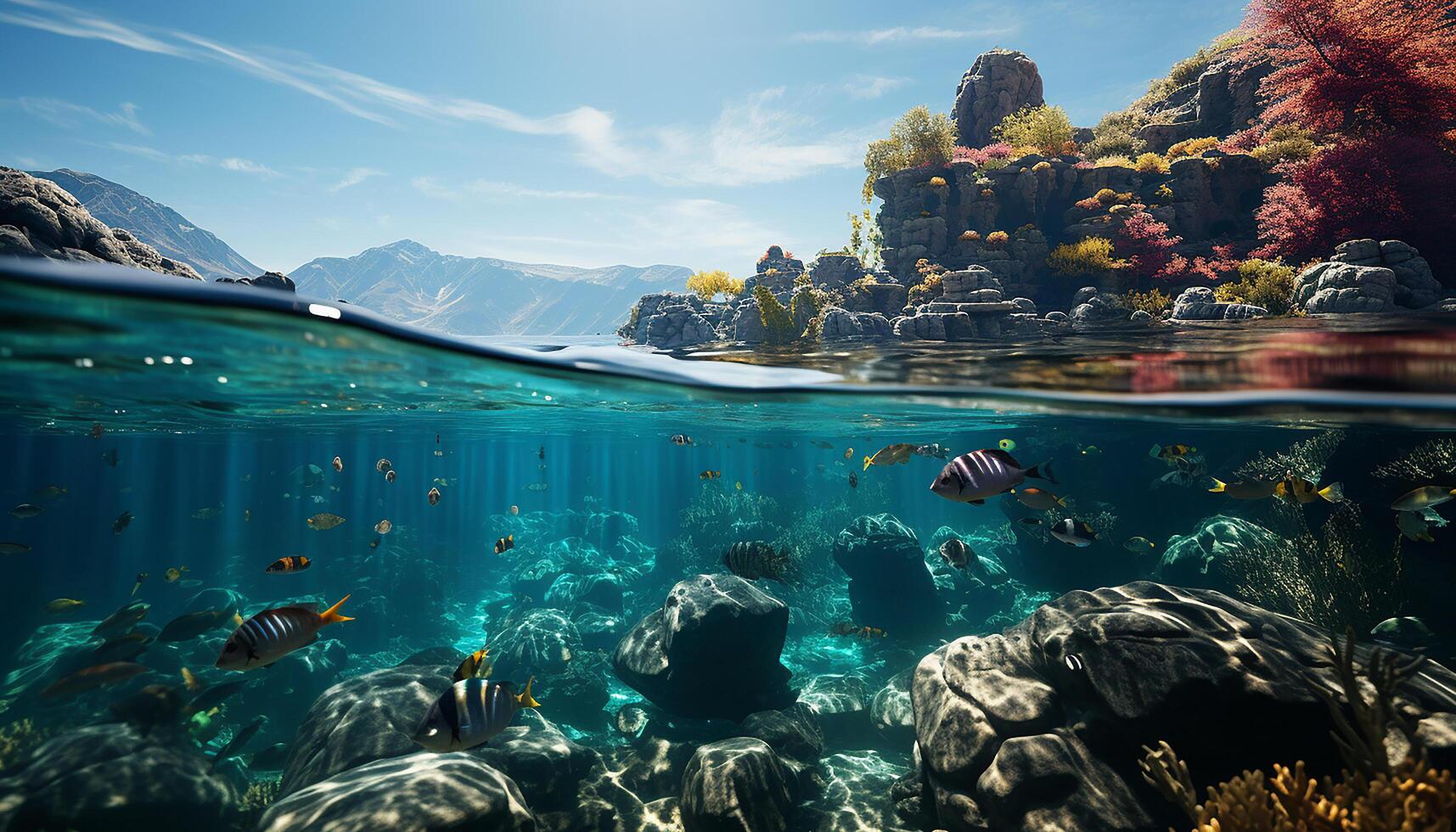 AI generated Underwater fish swim in nature multi colored tropical climate generated by AI photo