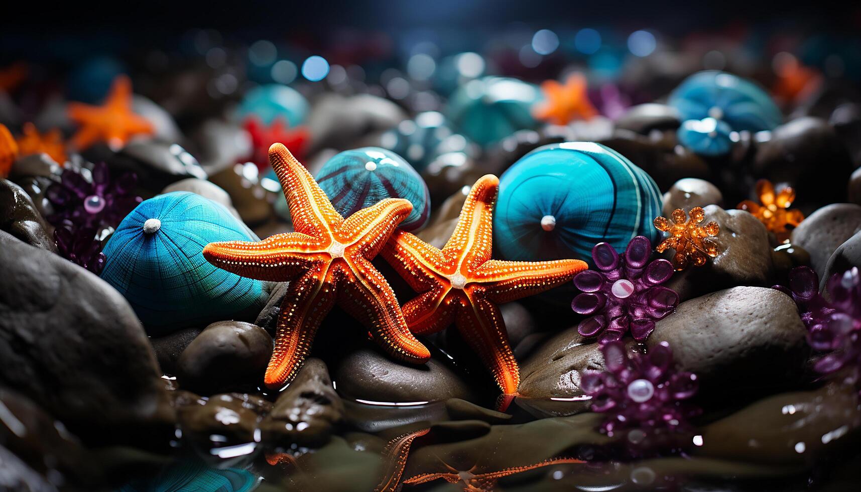 AI generated Underwater nature colorful fish, coral, and starfish decorate the reef generated by AI photo