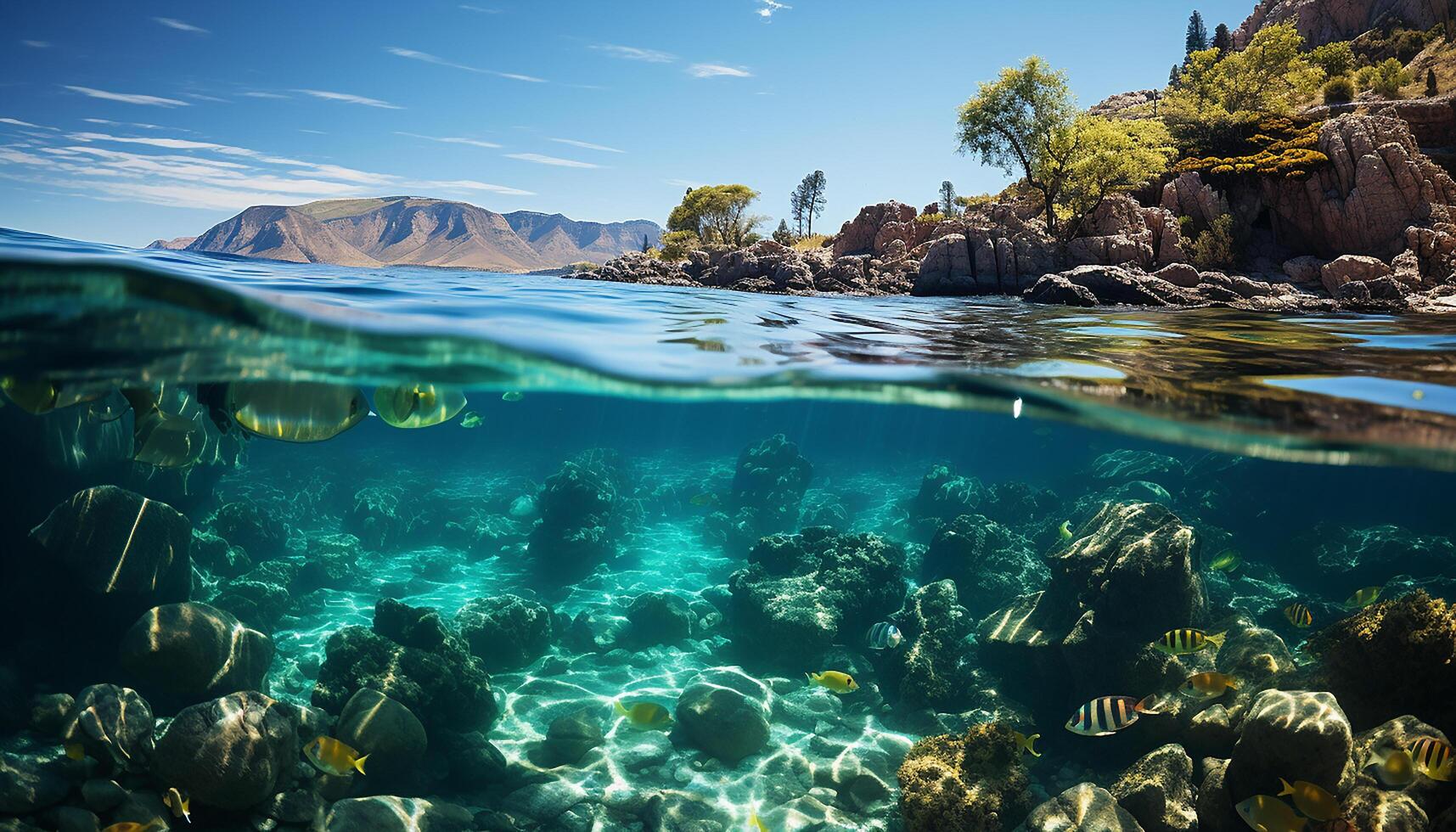 AI generated Underwater adventure fish swim in transparent blue water, surrounded by coral generated by AI photo