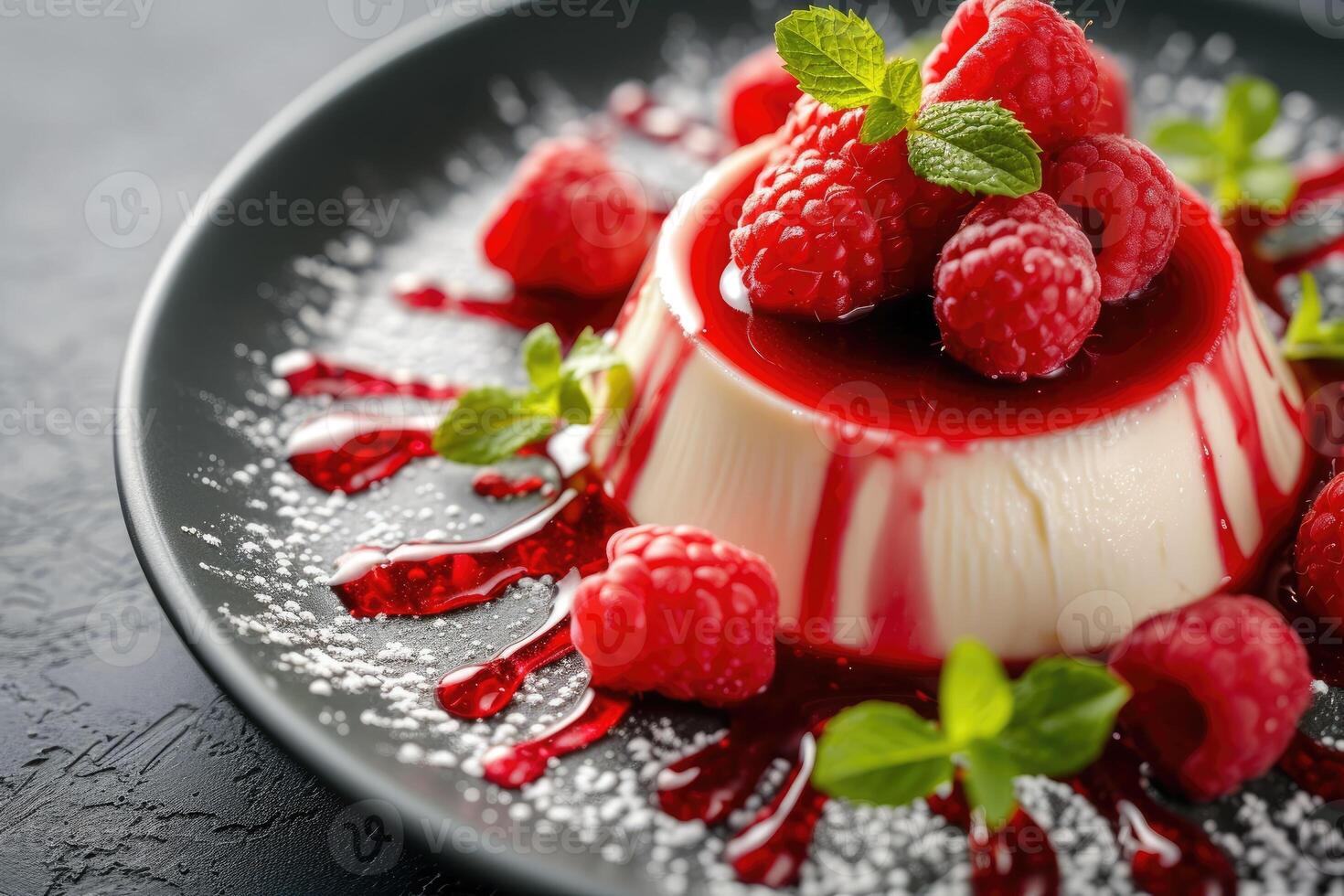 AI generated Panna cotta with raspberries sauce and fresh mint. generative ai photo