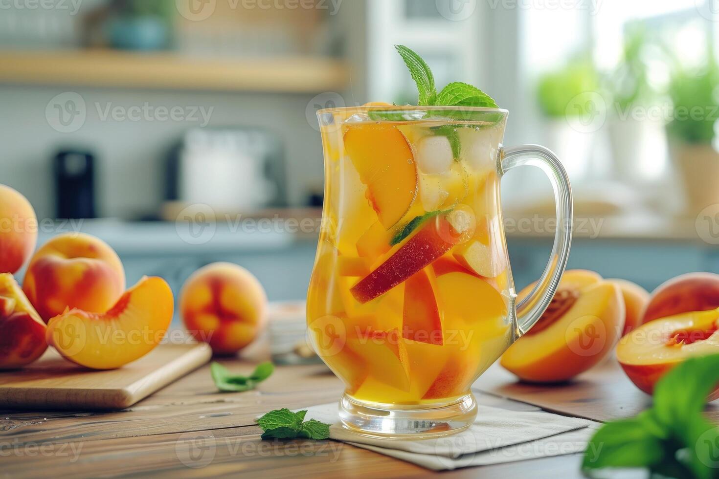 AI generated Refreshing Peach Sangria on wooden kitchen background. generative ai photo