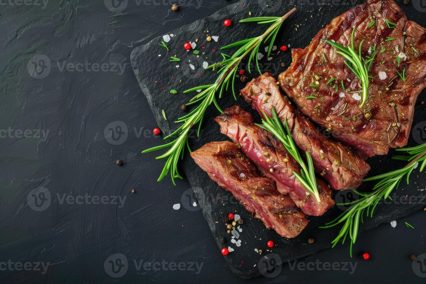 AI generated Roasted beef steak on dark stone background with rosemary herbs. Top view, generative ai photo