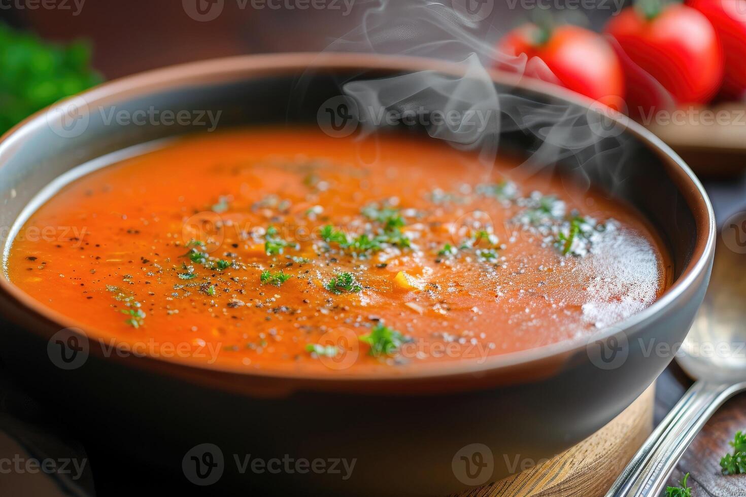 AI generated Tomato Shorba A steaming bowl of creamy tomato soup garnis. generative ai photo