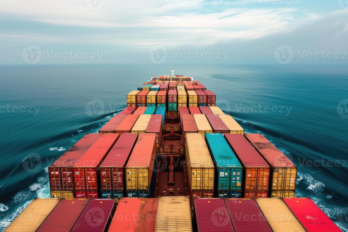 AI generated A loaded container cargo ship is seen ahead above the ocean. generative ai photo