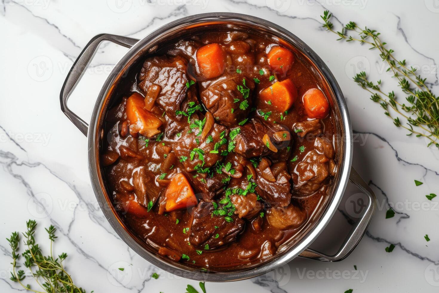 AI generated Boeuf bourguignon in pan on white marble kitchen background. generative ai photo