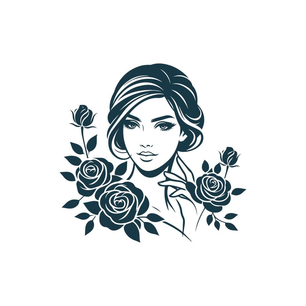 el cara de un hermosa niña con flores en su cabello. negro y blanco silueta. creativo belleza diseño. vector utilizar logo camiseta