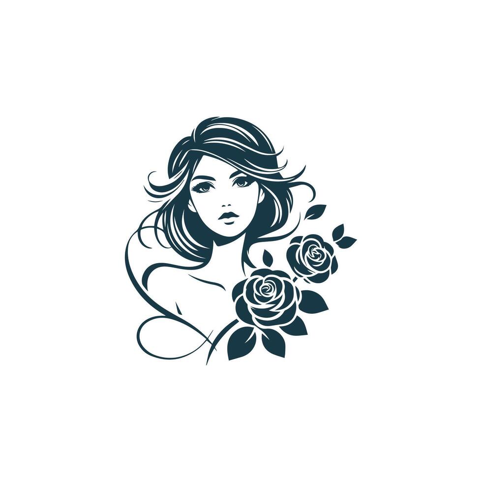 el cara de un hermosa niña con flores en su cabello. negro y blanco silueta. creativo belleza diseño. vector utilizar logo camiseta