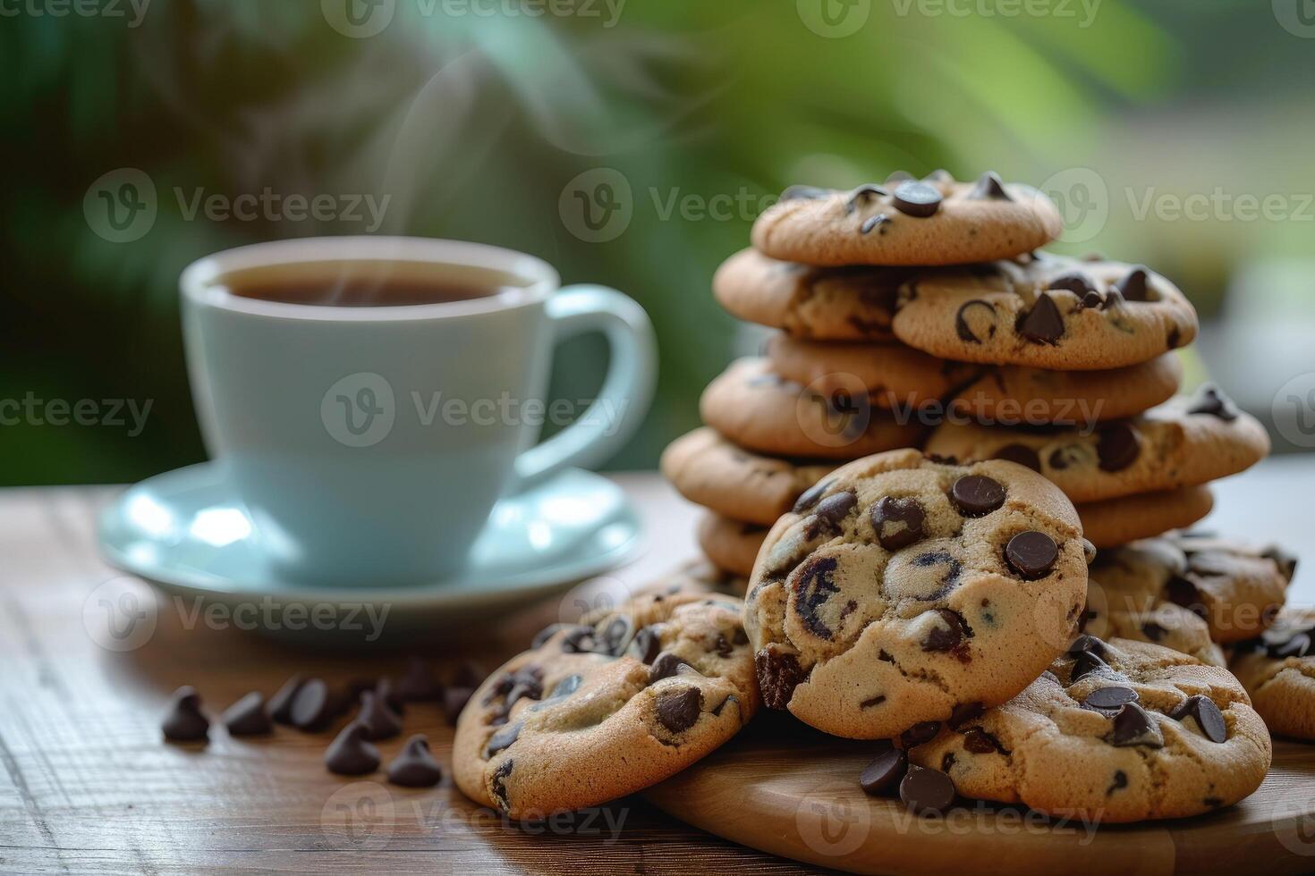 AI generated A Pile of Choco Chip Cookies and A Cup Hot Coffee. generative ai photo