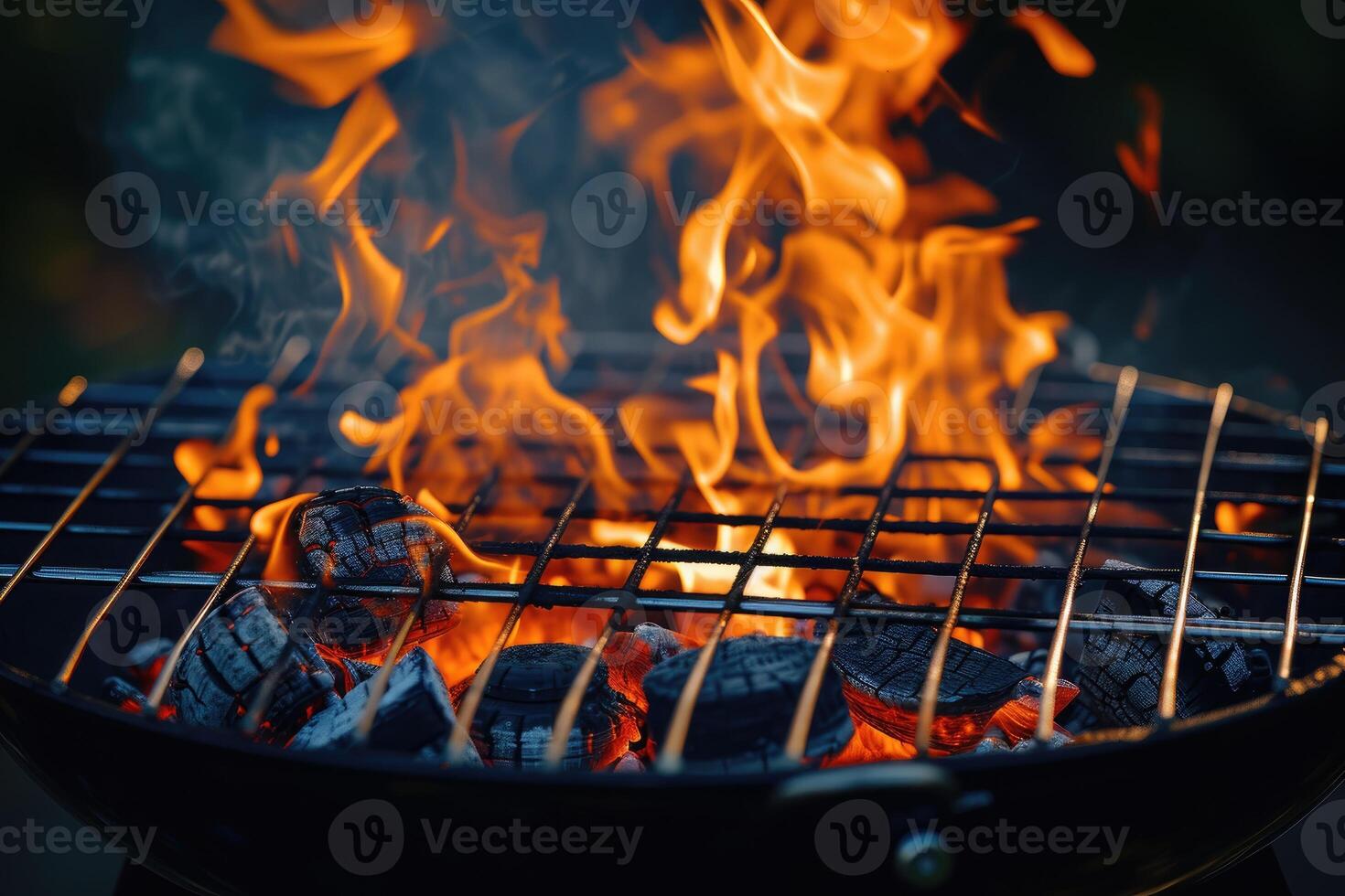 AI generated Hot Empty Portable Barbecue Bbq Grill with Flaming Fire and Ember Charcoal on Black Background. Waiting for The Placement of Your Food. Close up photo