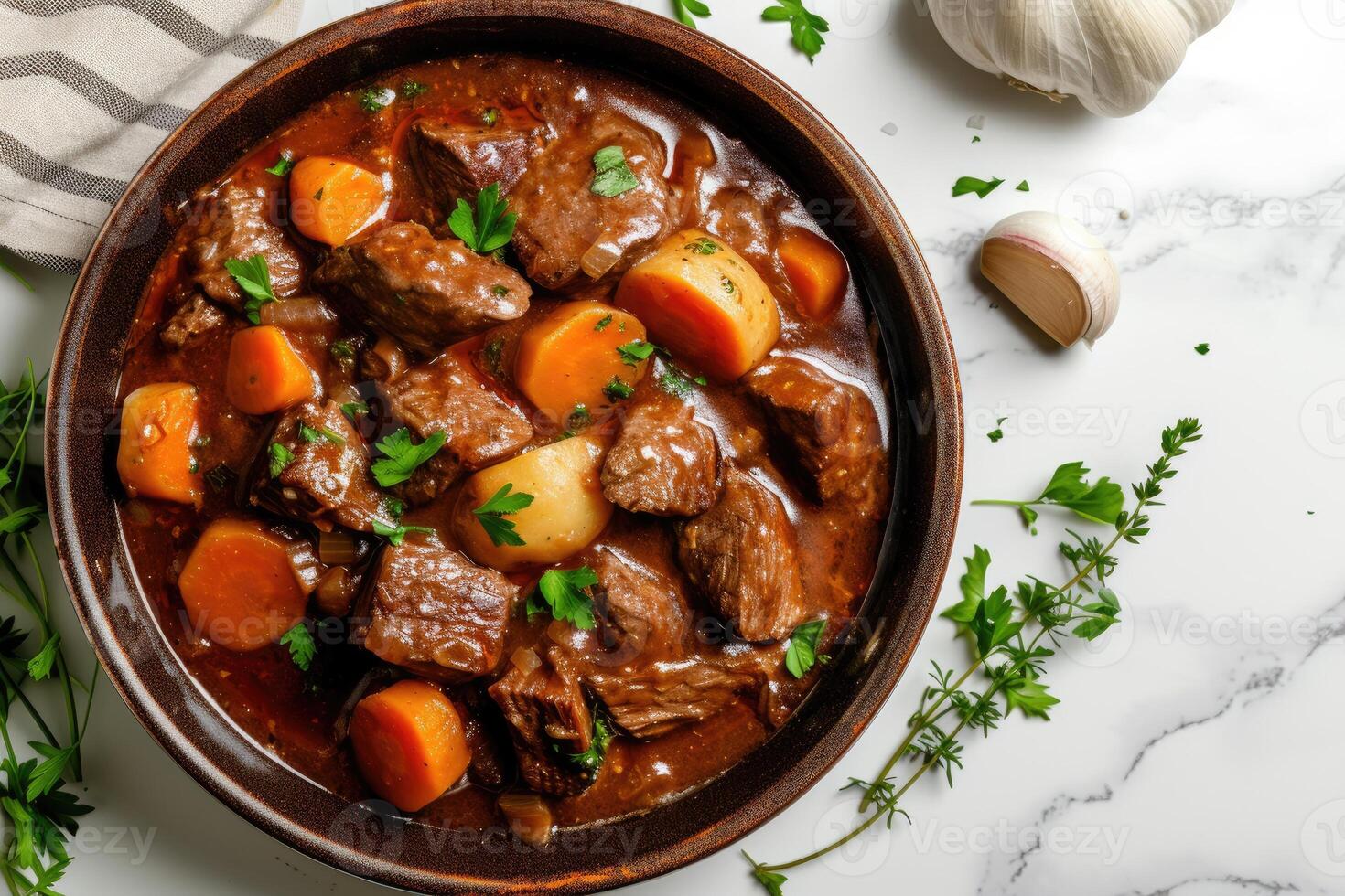 AI generated Boeuf bourguignon in pan on white marble kitchen background. generative ai photo