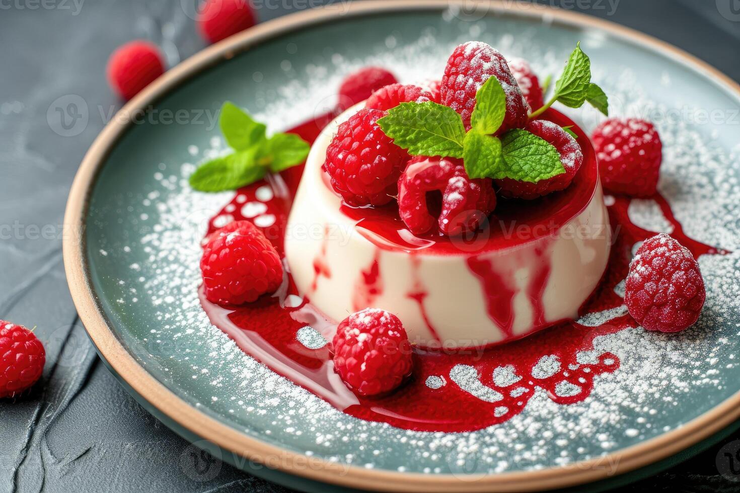 AI generated Panna cotta with raspberries sauce and fresh mint. generative ai photo