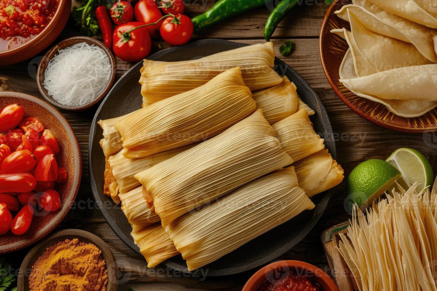 AI generated Traditional Treasures,Authentic Tamales Straight from the Heart with ingredients, top view. generative ai photo