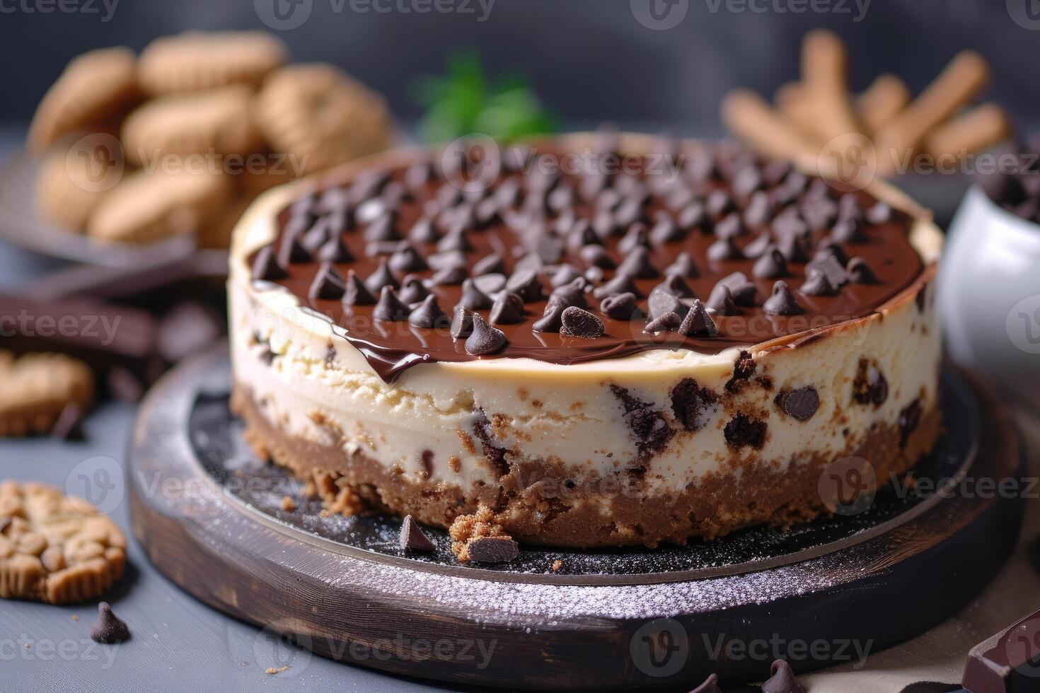 ai generado dulce sinfonía, deleitando en chocolate chip Galleta masa tarta de queso foto