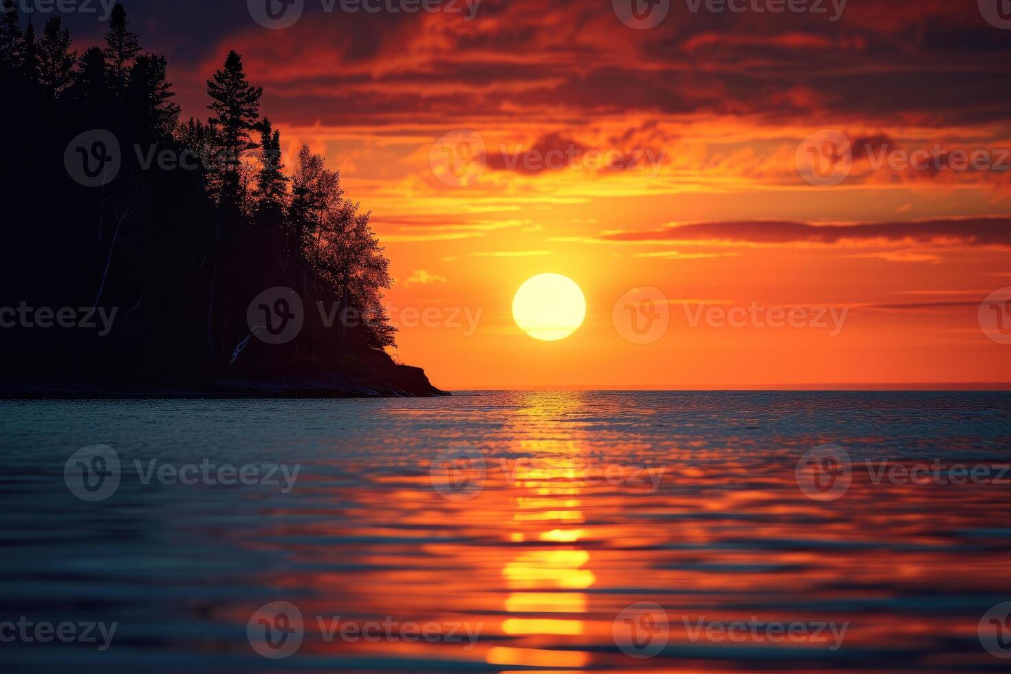 ai generado hermosa puesta de sol terminado lago superior. generativo ai foto