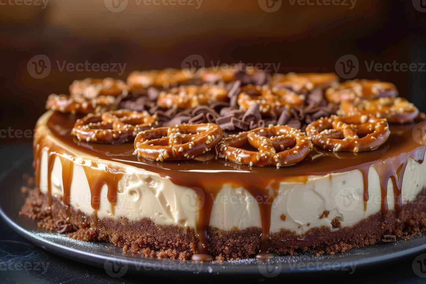 ai generado postre fusión explorador el riqueza de pretzels y caramelo en tarta de queso. generativo ai foto