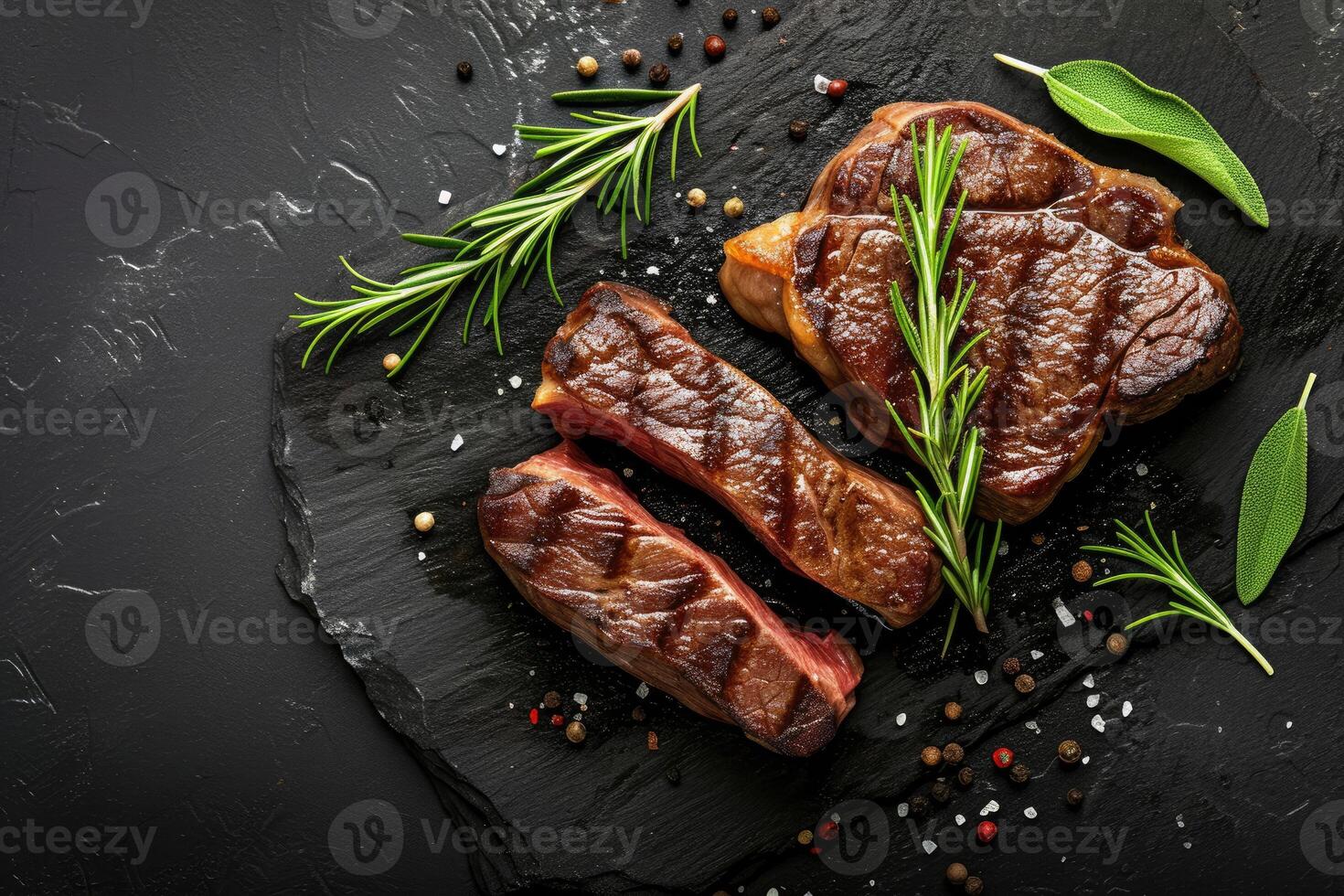 AI generated Roasted beef steak on dark stone background with rosemary herbs. Top view, generative ai photo