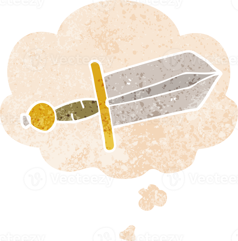 cartoon dagger with thought bubble in grunge distressed retro textured style png