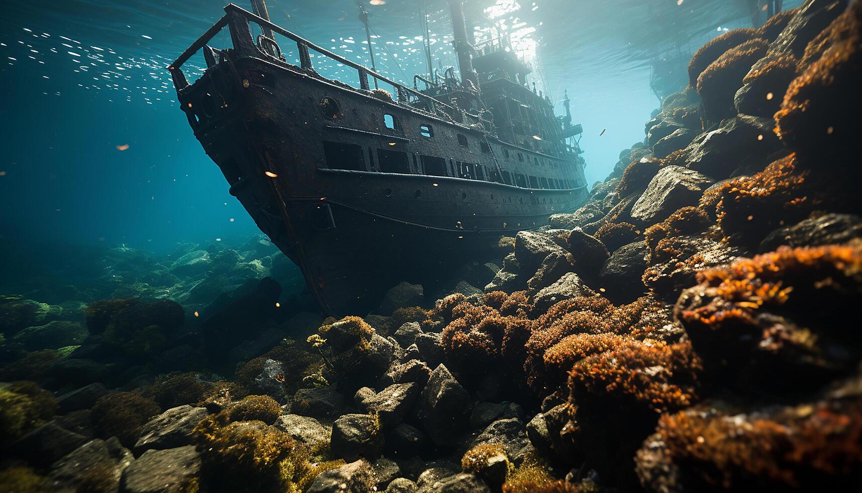 AI generated Underwater shipwreck reveals beauty of sea life and exploration generated by AI photo