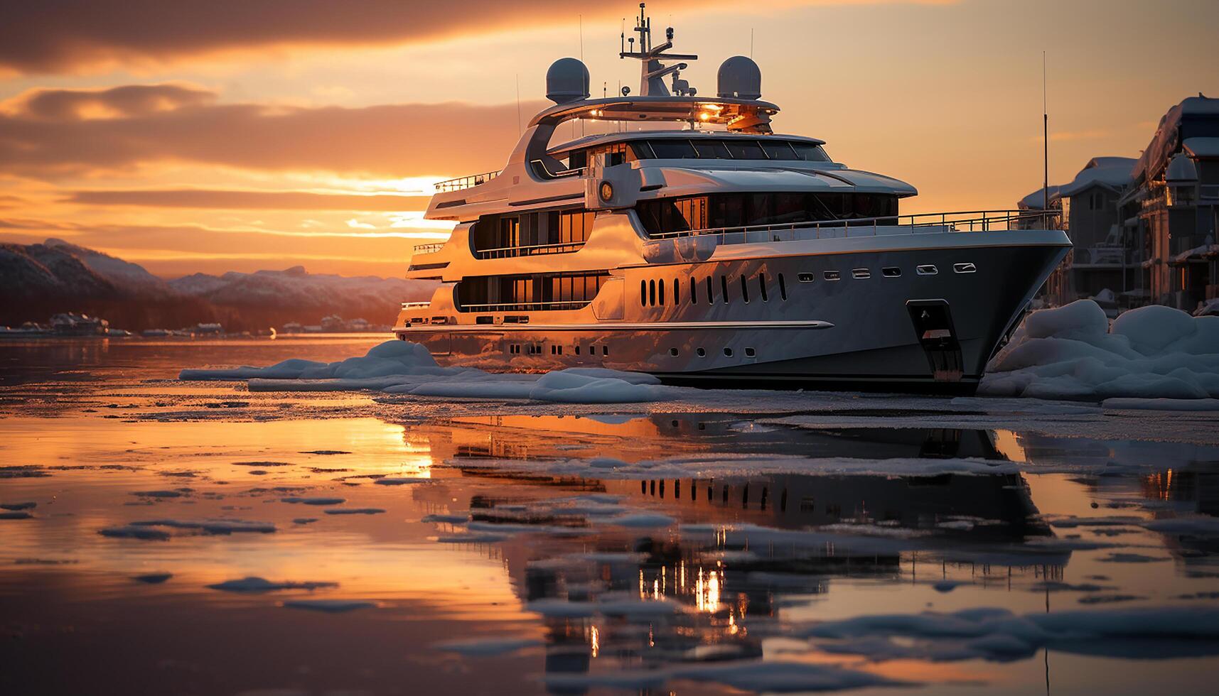 AI generated Luxury yacht sails at dusk, reflecting sunlight on water generated by AI photo