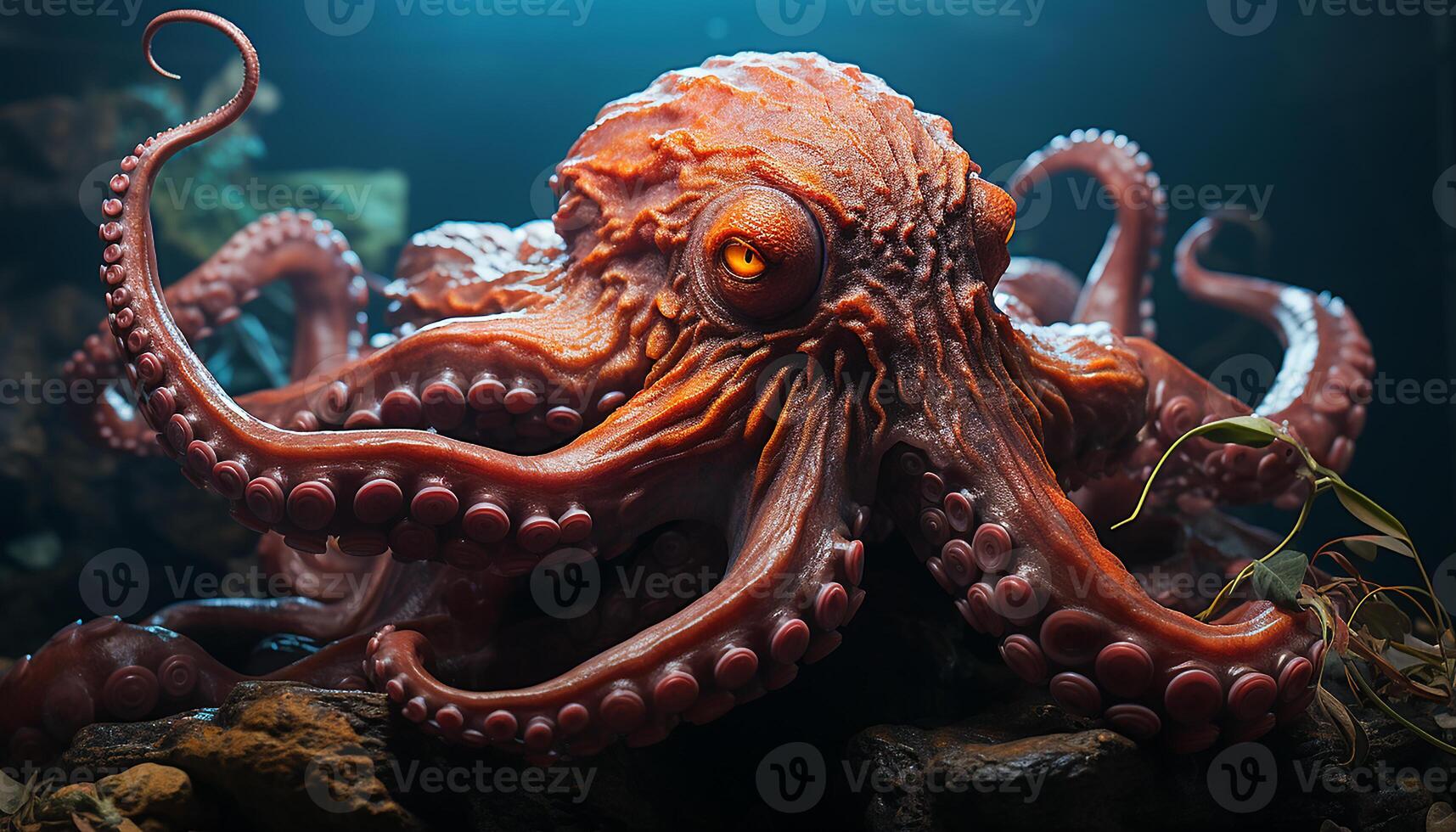 AI generated Underwater octopus swimming in the sea, surrounded by colorful fish generated by AI photo