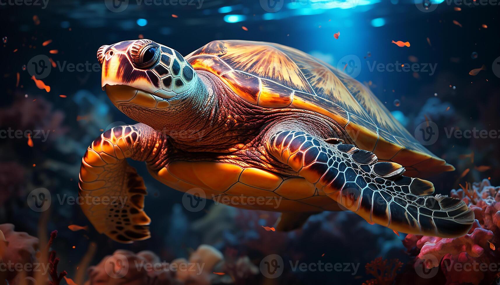 AI generated Cute turtle swimming in blue water, slow motion underwater generated by AI photo