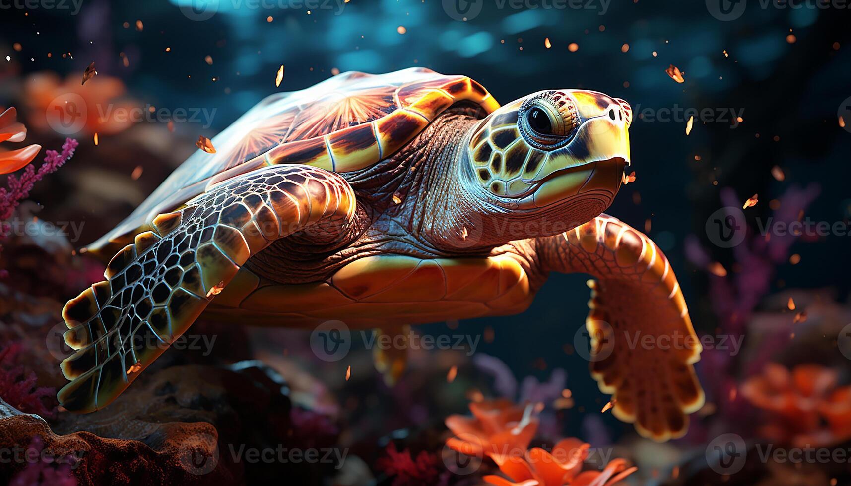 AI generated A cute turtle swimming in the blue underwater reef generated by AI photo