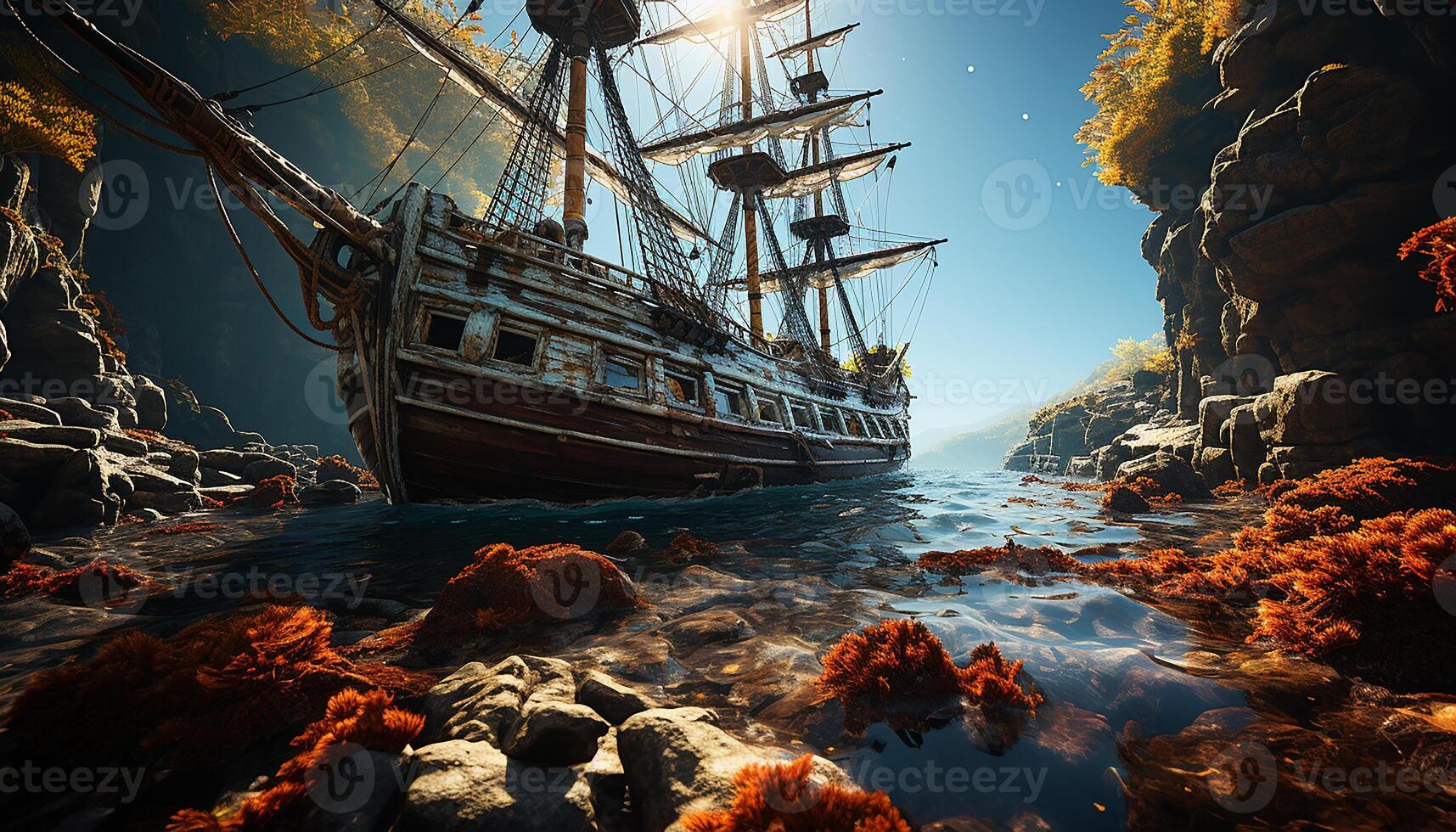 AI generated Sailing ship sails on water, wood mast, adventure in nature generated by AI photo