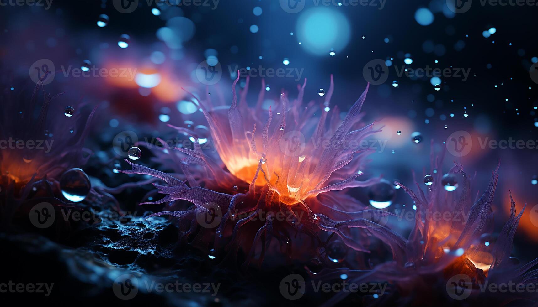 AI generated Underwater abstract glowing fish illuminate dark deep water generated by AI photo