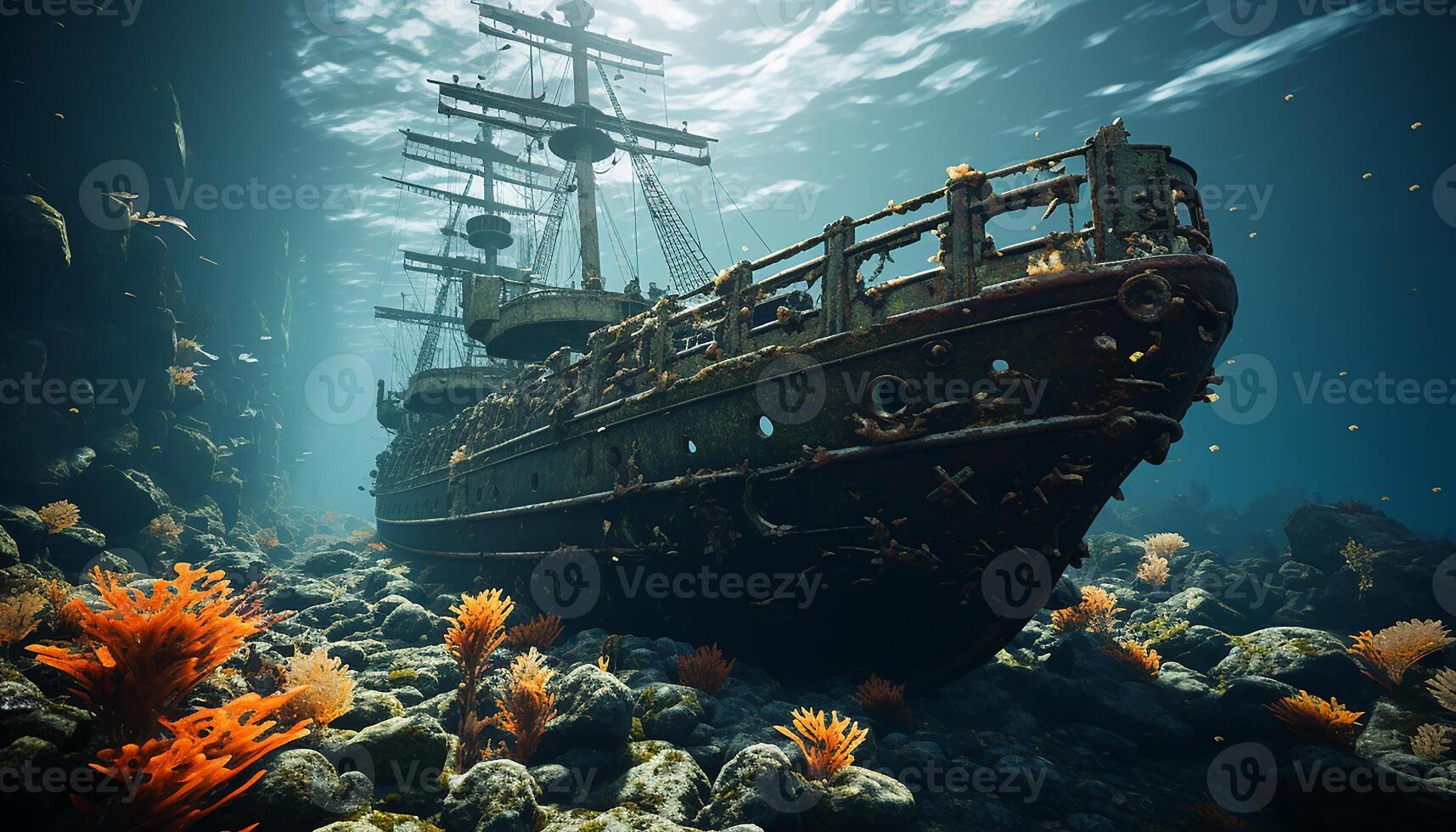 AI generated Underwater adventure shipwreck exploration reveals mysterious nautical vessel generated by AI photo