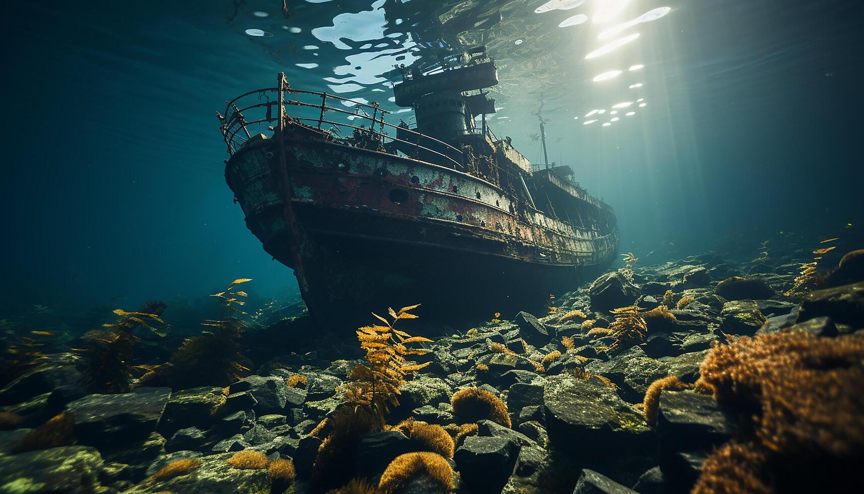 AI generated Underwater adventure shipwreck exploration reveals beauty in nature generated by AI photo