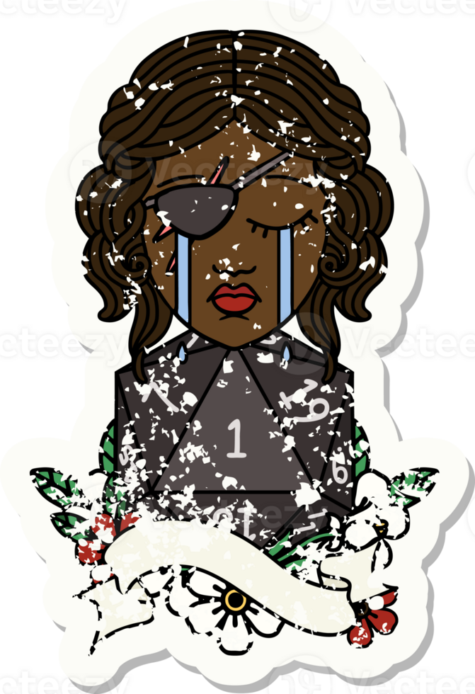 Retro Tattoo Style crying human rogue with natural one D20 roll png