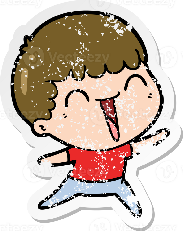distressed sticker of a cartoon happy man laughing png