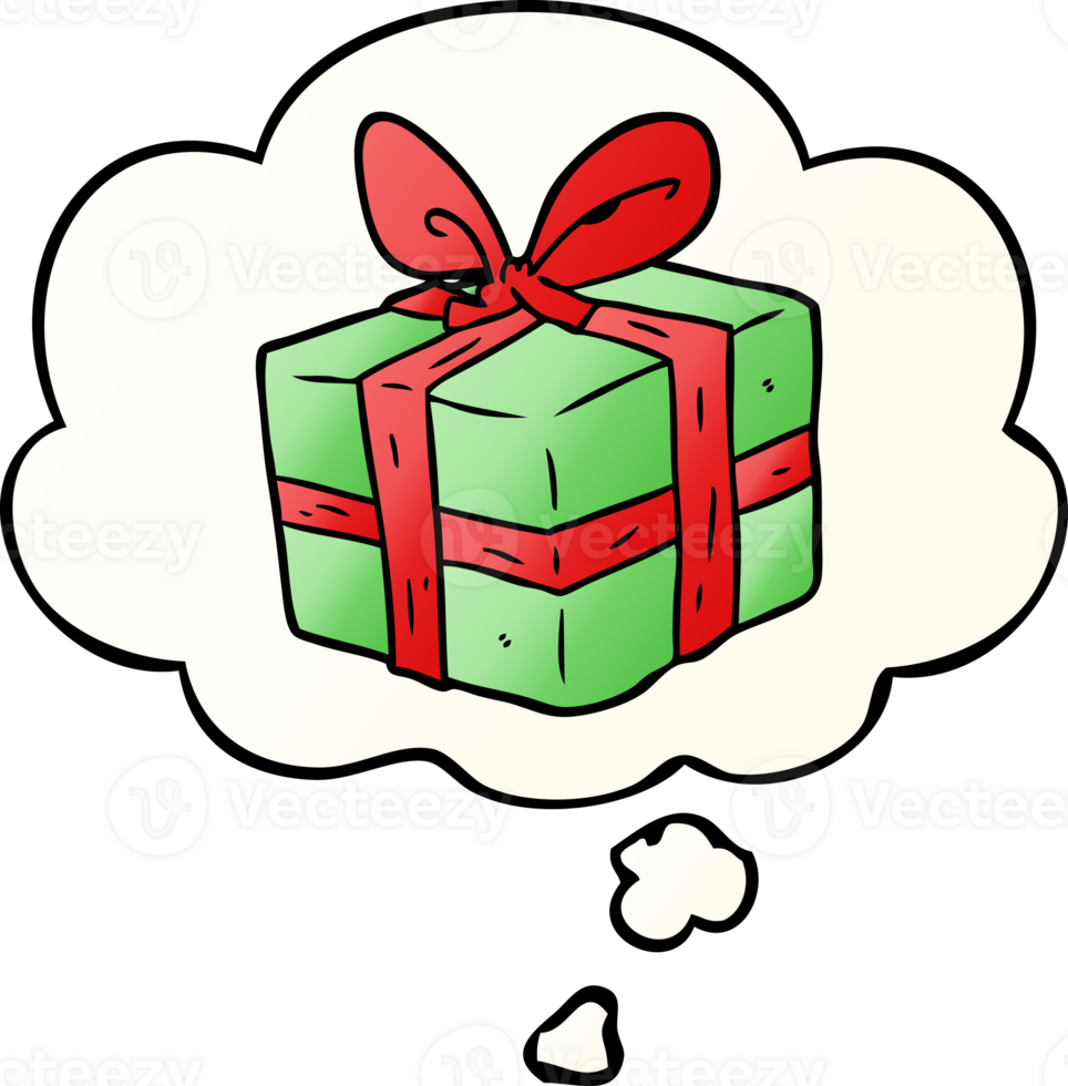 cartoon wrapped gift with thought bubble in smooth gradient style png