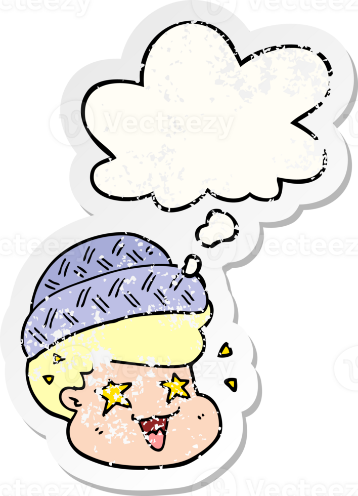cartoon boy wearing hat with thought bubble as a distressed worn sticker png