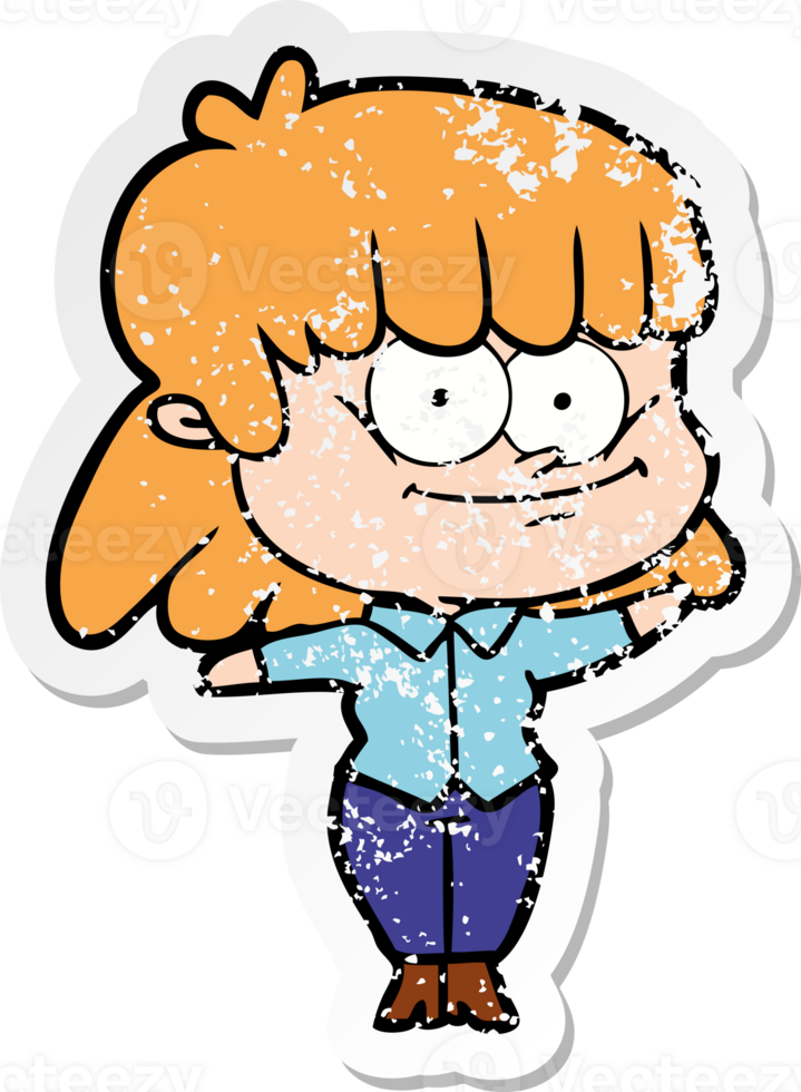distressed sticker of a cartoon girl smiling png