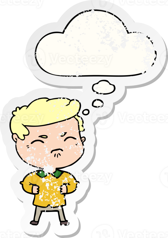 cartoon annoyed man with thought bubble as a distressed worn sticker png