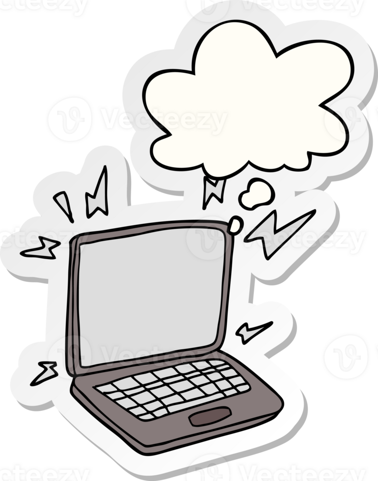 cartoon laptop computer with thought bubble as a printed sticker png