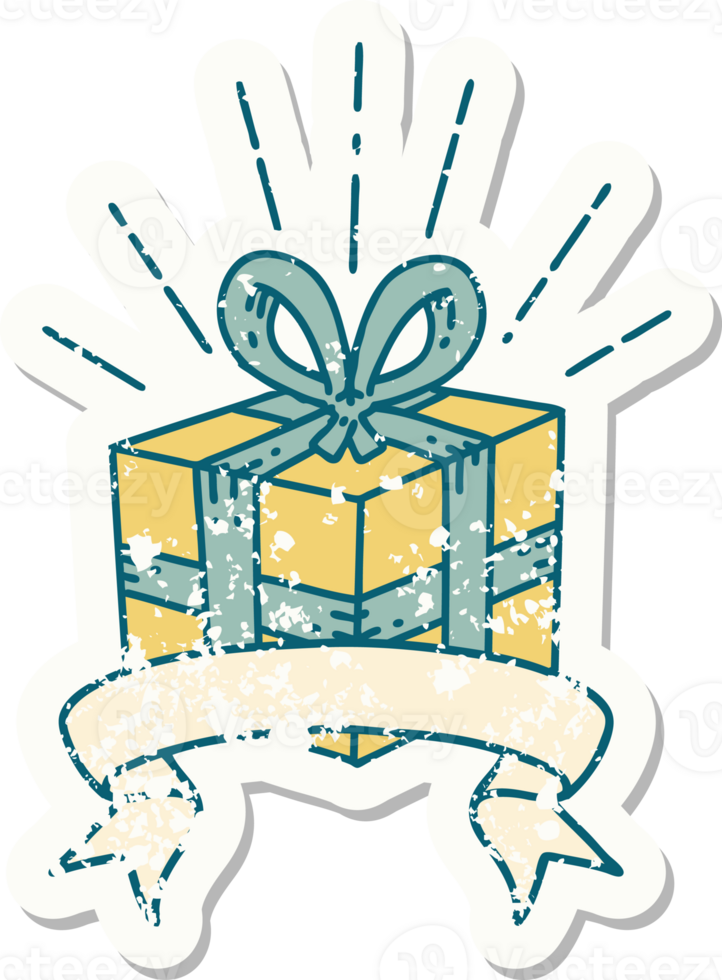 worn old sticker of a tattoo style christmas present png