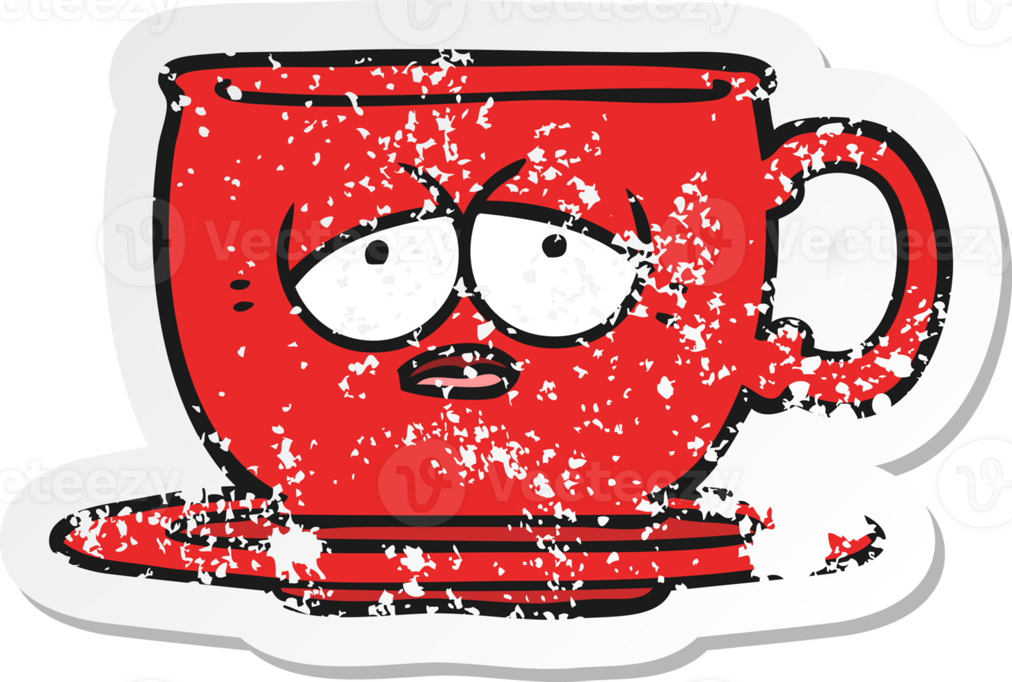 distressed sticker of a cartoon tired tea cup png